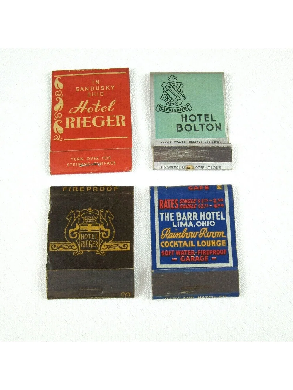 4 Vintage Matchbook Covers Hotel Rieger, Hotel Bolton, & The Barr Hotel in Ohio
